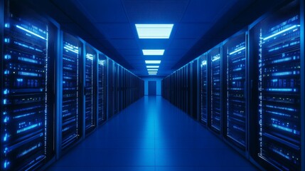 Glowing server racks in a modern data center, showcasing advanced technology and digital infrastructure.