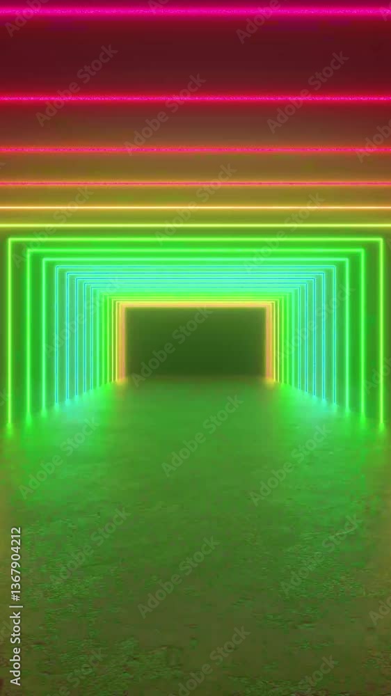 Poster tunnel of neon lights glowing on a concrete floor in a dark room. abstract background with square fr