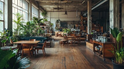 A stylish open-plan studio with toxin-free wooden furniture, organic textiles, and lush green plants.
