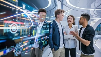 Diverse colleagues laugh and chat beside futuristic data display in modern high-tech office space - Powered by Adobe