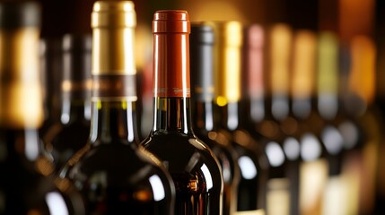 A row of wine bottles, softly lit, showcasing elegance and craftsmanship in a timeless display.