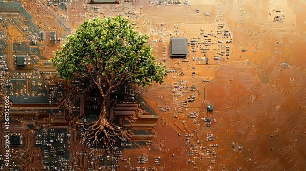 Poster a small tree with exposed roots growing on a circuit board.