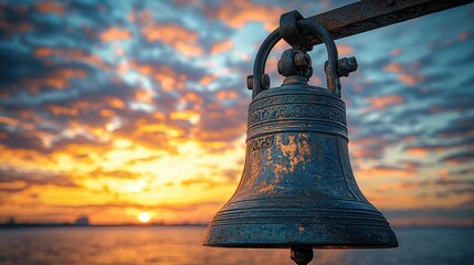 Fototapeta premium Vintage bell at sunrise over water