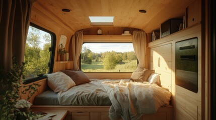 A sustainable tiny home with foldable wooden furniture, linen curtains, and minimalistic decor.