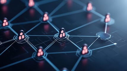Digital network illustration showing interconnected profiles on a technology platform.