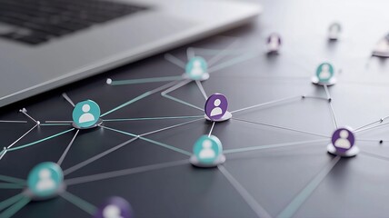 Digital network illustration with connected user icons on black surface next to laptop, symbolizing online connectivity.