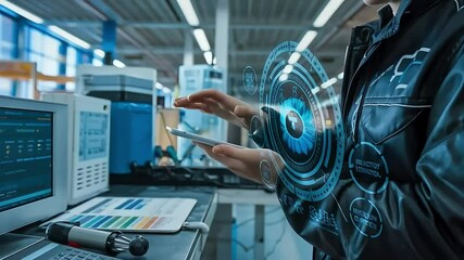 Engineer uses smartphone with futuristic holographic interface for quality control in modern factory - Powered by Adobe