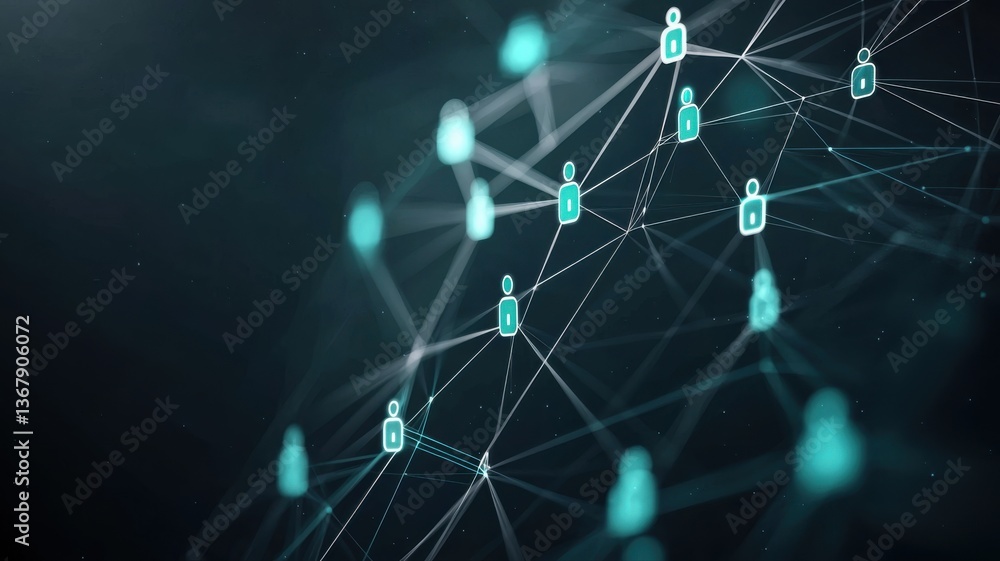 Aufkleber digital network of connected icons on black background symbolizes data communication and online secu