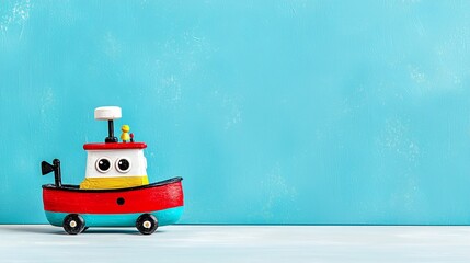 Red and White Toy Tugboat on Light Blue Background