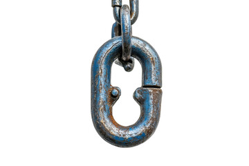 A weathered blue metal link hangs heavy, a silent story of strength and endurance against a stark white background.