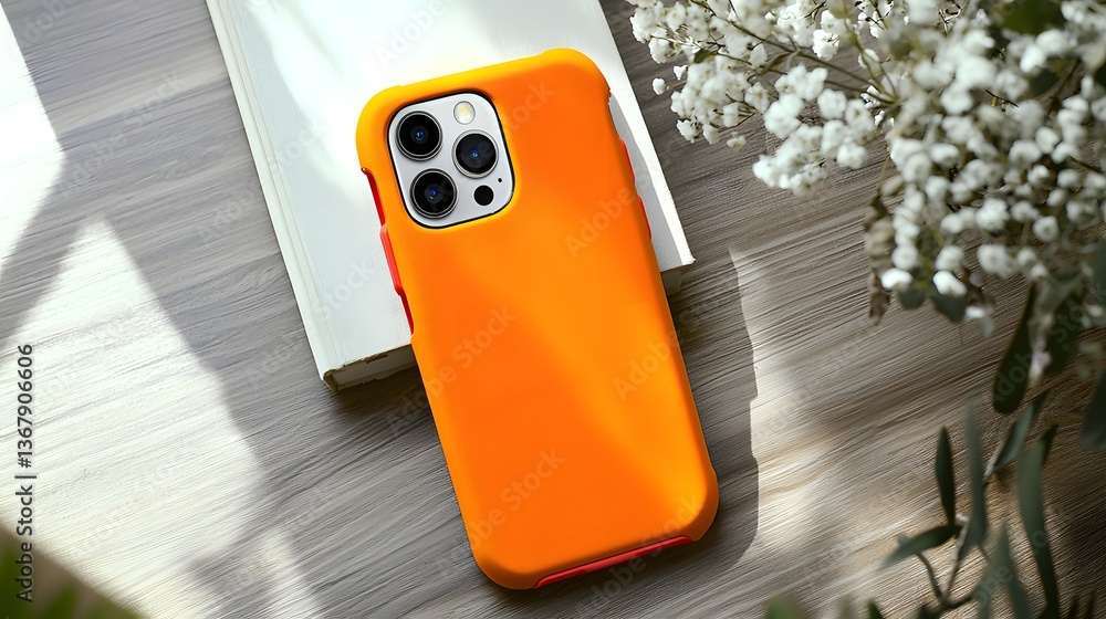 Poster stylish smartphone case resting on a table captured in soft natural lighting from a top-down perspec