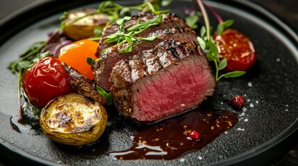 Rich brown sauce accompanies the succulent slices of steak, all perfectly grilled