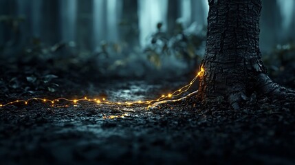 Obraz premium A mystical scene of twinkling lights wrapped around a tree trunk in a foggy forest.
