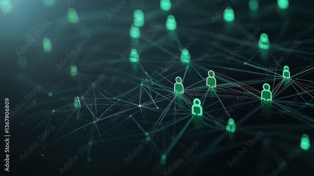 Poster digital network representation with connected user icons on a dark background illustrating online co