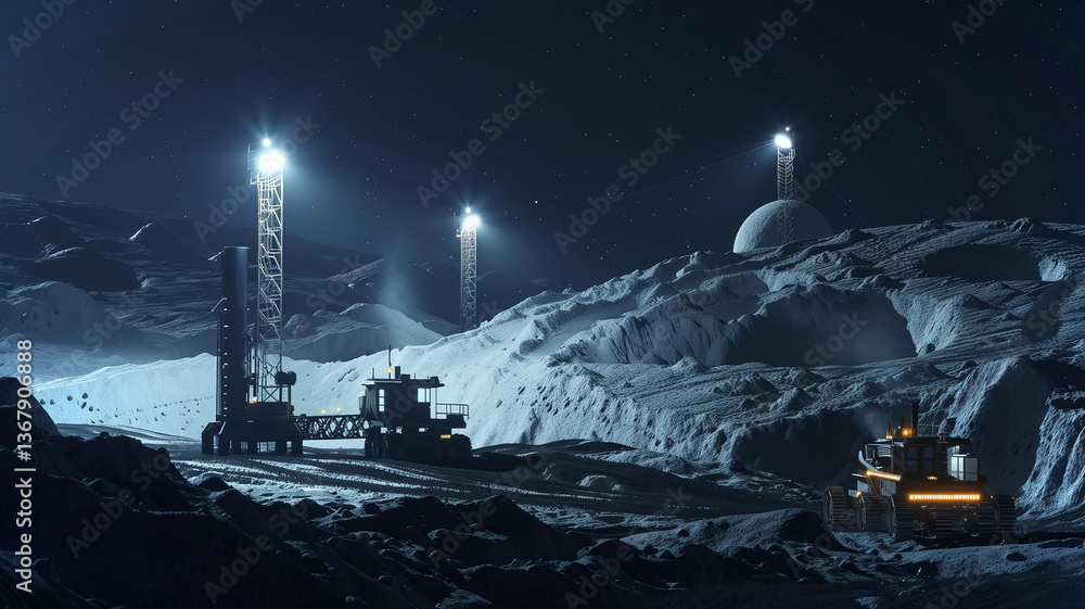 Aufkleber this excavation on an asteroid is extracting regolith with machinery under bright lights.