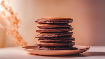 Stack of Delicious Chocolate Pancakes on a Warm-Colored Plate