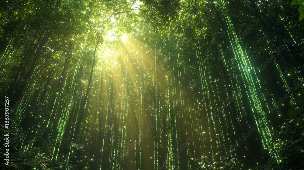 Poster sunbeams illuminate a lush bamboo forest, creating a magical atmosphere.