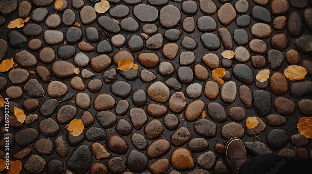 Poster textured pebble pathway with autumn leaves in warm tones and soft light on a calm fall day
