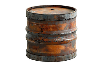 Fototapeta premium A weathered rusty barrel, a silent storyteller of bygone eras, bearing the marks of time and forgotten tales against a stark white background.