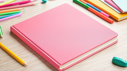 A vibrant pink notebook surrounded by colorful stationery on a wooden desk.