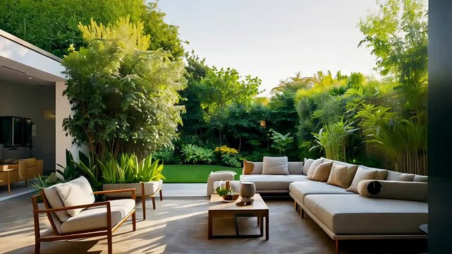 Contemporary outdoor patio with lounge seating and lush garden in sunny backyard