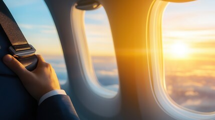 Passenger Hand Holding Airplane Seatbelt with Beautiful Sunset View from Window During Flight Journey