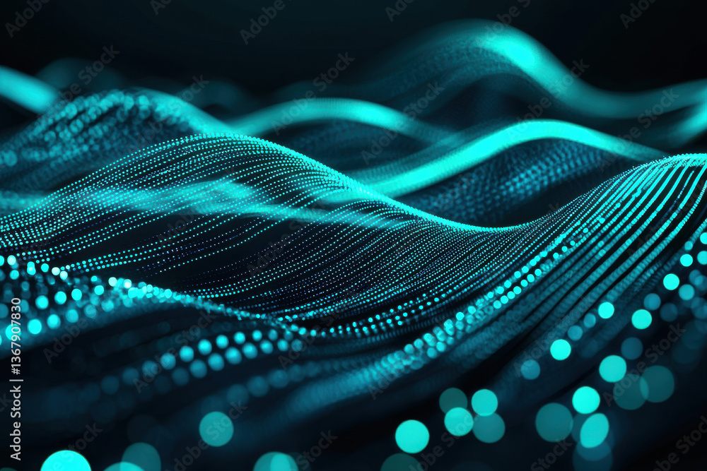 Poster abstract waves of digital particles in turquoise light creating a futuristic feel.
