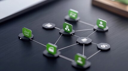 Digital network with interconnected icons on a black surface, representing data connectivity and communication.