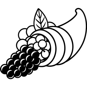 recommend clip art: Line art vector silhouette of a cornucopia overflowing with autumn fruits like apples and grapes