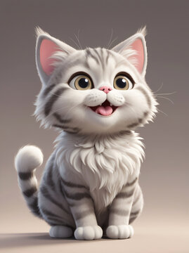 Adorable fluffy gray kitten sitting and smiling, a 3d render.
