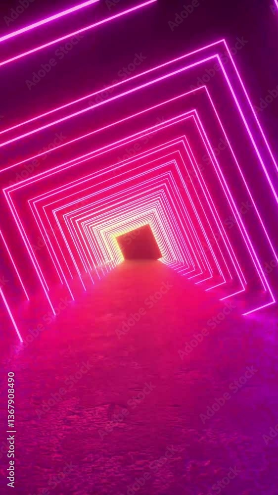 Poster tunnel of neon lights glowing on a concrete floor in a dark room. abstract background with square fr
