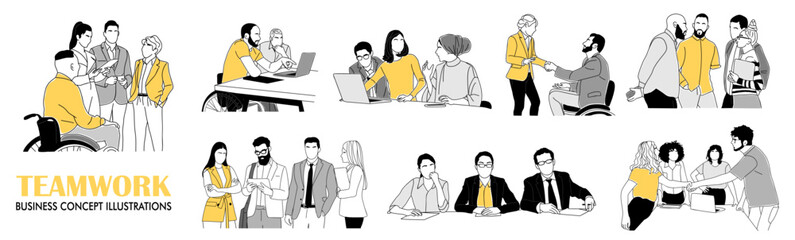Set of illustrations of different men and women working in office. Inclusive Business concept. Modern vector simple outline style drawings for graphic and web design. Isolated