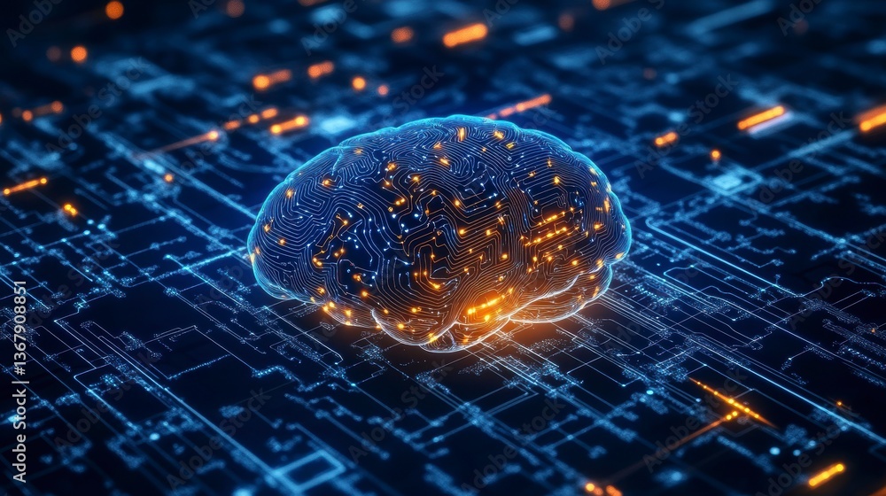 Poster digital brain on circuit board; ai, technology, intelligence, neural network concept.