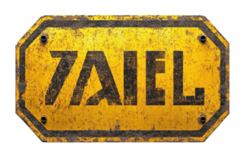 A weathered yellow sign bearing the name "ZAIEL," hinting at a forgotten place or a lost memory, with a rustic, aged texture and dark lettering.