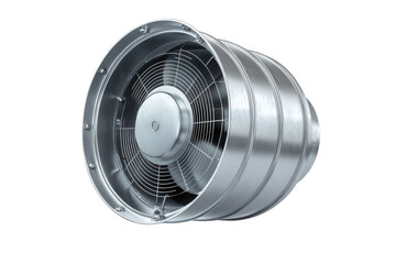Naklejka premium Powerful industrial fan, a metallic marvel of engineering, showcasing sleek silver design and robust construction against a bright white background.
