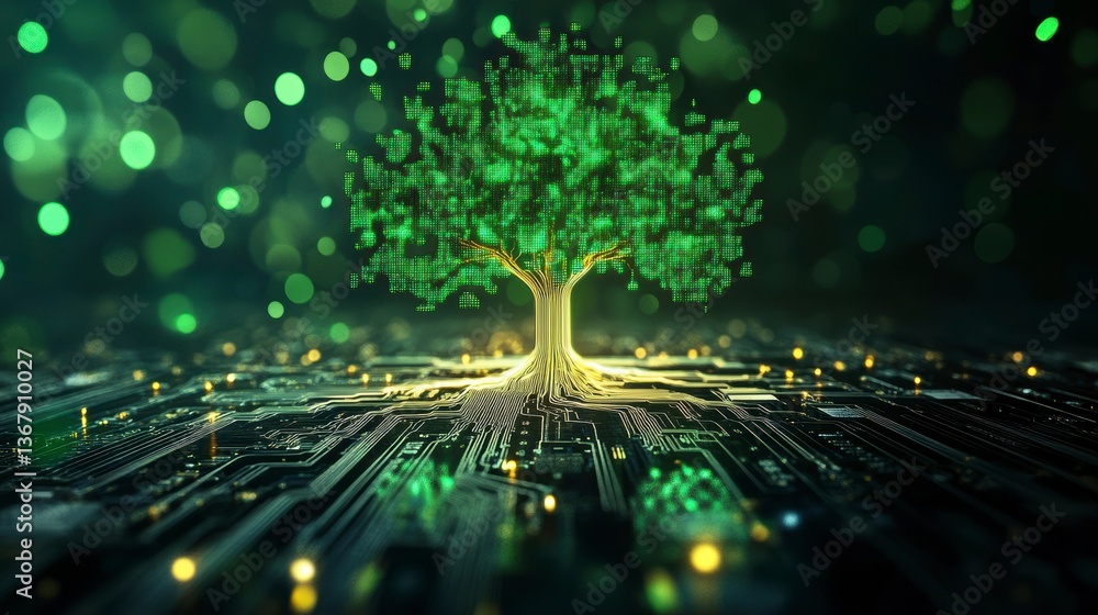 Poster glowing green digital tree rooted in circuit board, representing technology and nature.