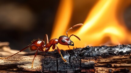 This intense close-up showcases a detailed ant traversing near flickering flames, illustrating resilience in nature and the struggle for survival in hostile environments.