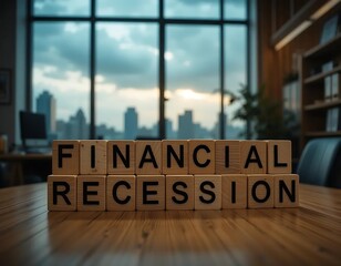 Financial Recession Concept with Wooden Blocks and Cityscape View