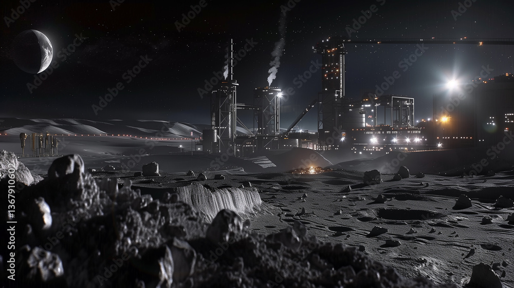 Poster this workers at a lunar base use advanced tech to extract resources from asteroid regolith.
