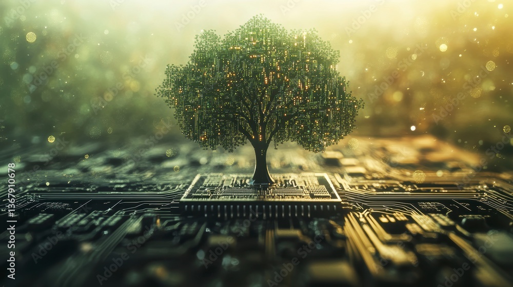 Aufkleber lush green tree growing from a microchip circuit board, symbolizing technology and nature's synergy.
