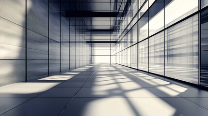 Modern Architectural Hallway with Glass Walls and Shadows, Leading to Bright Light