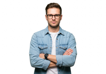 A man with short brown hair standing with his arms crossed isolated on transparent background