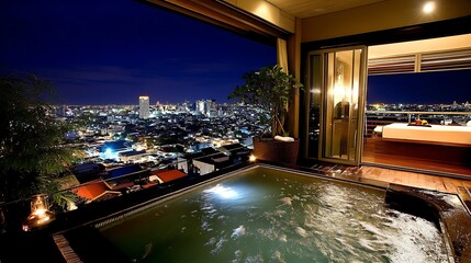 Fototapeta premium Luxury Rooftop Suite with Private Hot Tub and Stunning City Nightscape