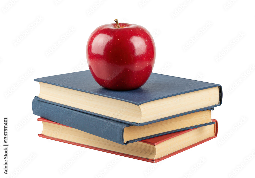 Poster a stack of hardcover books with a red apple placed on top isolated on transparent background