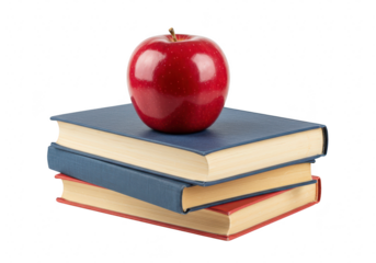 A stack of hardcover books with a red apple placed on top isolated on transparent background