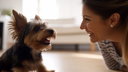 A Woman Engages with Her Yorkshire Terrier in a Heartwarming Home Scene