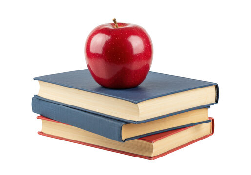 A stack of hardcover books with a red apple placed on top isolated on transparent background