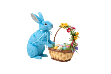 A fluffy blue bunny with a bowtie holds a basket filled with colorful Easter eggs. The basket’s handle is decorated with bright, blooming spring flowers, isolated on a transparent background