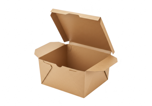An open kraft takeout box made of brown cardboard isolated on transparent background
