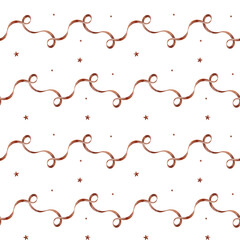 Obraz premium Seamless pattern retro red satin ribbons, stars, dots. Watercolor illustration silk burgundy braid on isolated white background for textile design, fabric, children's, print, dynamic, simple geometric